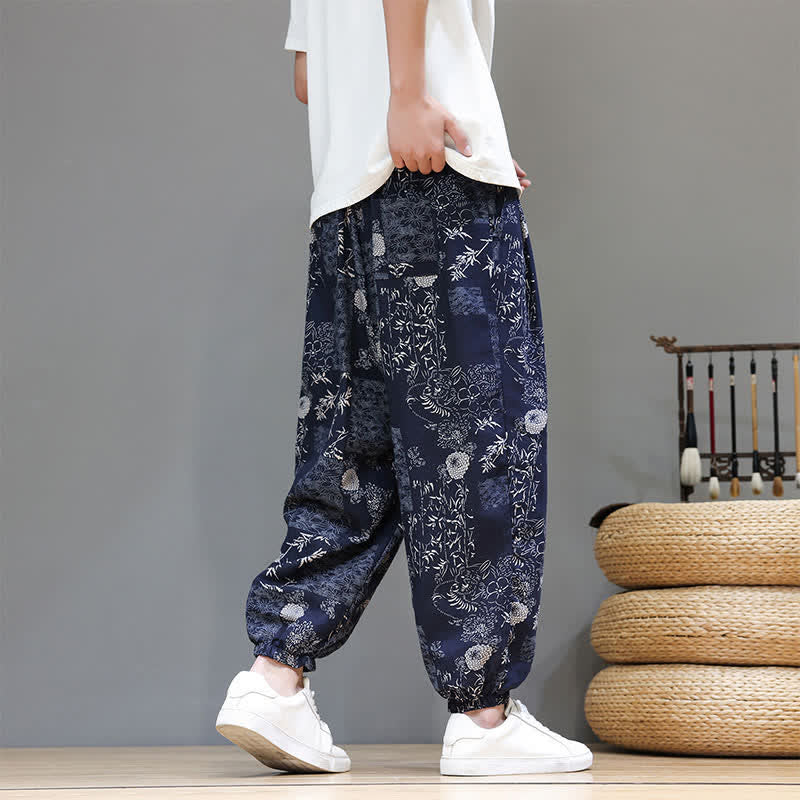Buddha Stones Summer Casual Boho Drawstring Geometric Elephant Leaves Cropped Pants Men's Harem Pants With Pockets - image 3