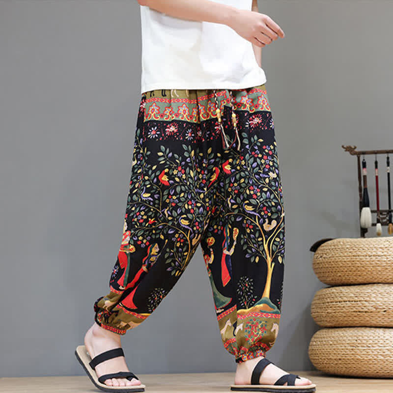 Buddha Stones Summer Casual Boho Drawstring Geometric Elephant Leaves Cropped Pants Men's Harem Pants With Pockets - image 34