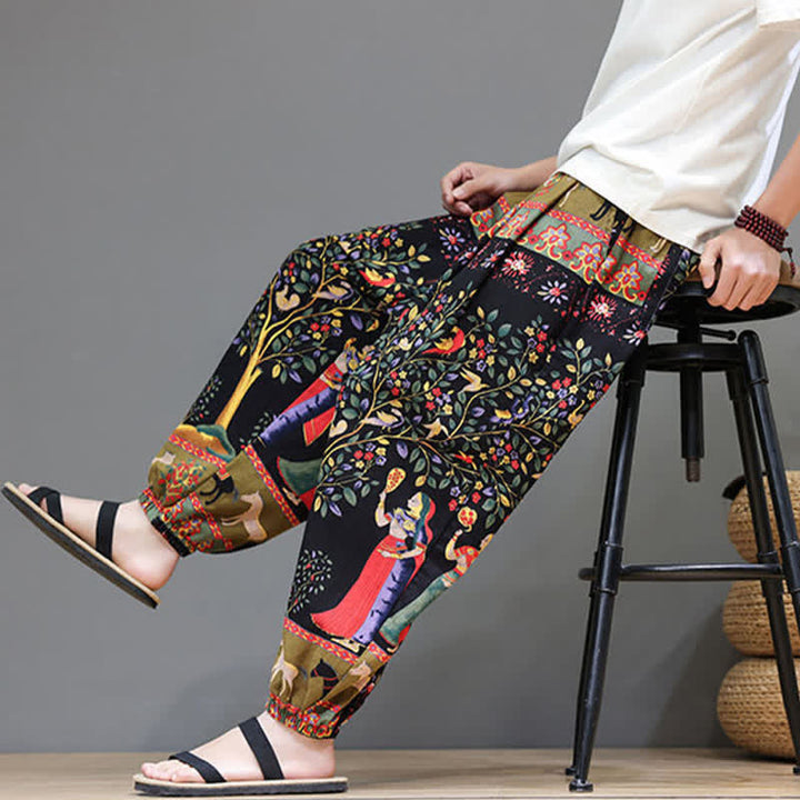 Buddha Stones Summer Casual Boho Drawstring Geometric Elephant Leaves Cropped Pants Men's Harem Pants With Pockets - image 37