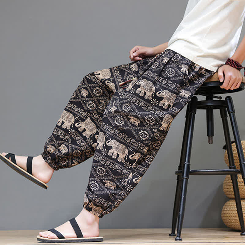 Buddha Stones Summer Casual Boho Drawstring Geometric Elephant Leaves Cropped Pants Men's Harem Pants With Pockets - image 29