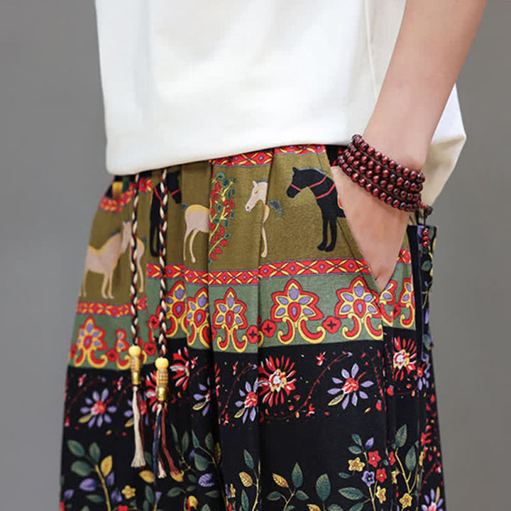 Buddha Stones Summer Casual Boho Drawstring Geometric Elephant Leaves Cropped Pants Men's Harem Pants With Pockets - image 38