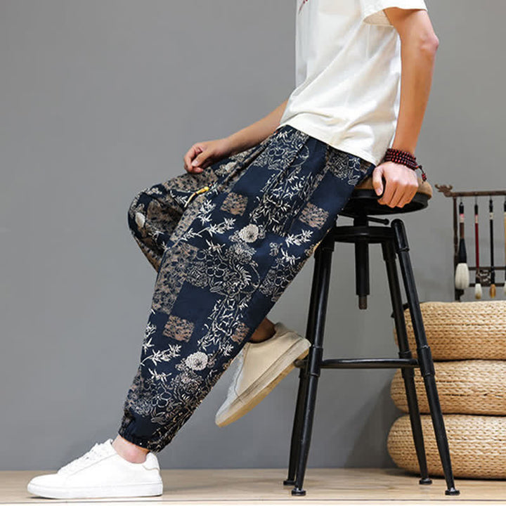 Buddha Stones Summer Casual Boho Drawstring Geometric Elephant Leaves Cropped Pants Men's Harem Pants With Pockets - image 17