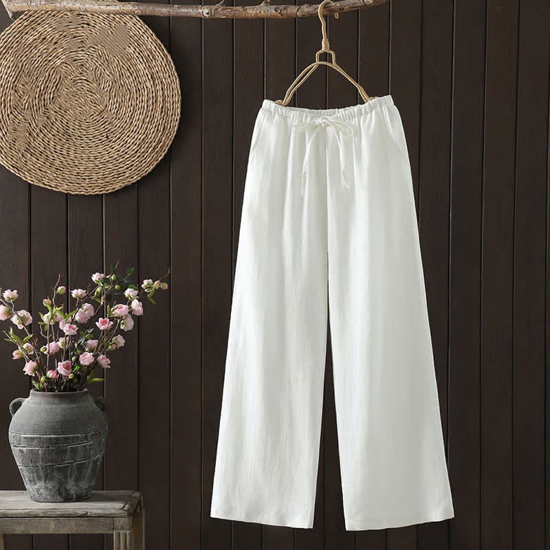 Buddha Stones Summer Casual Minimalist Drawstring Solid Cotton Linen Ankle Pants Women's Straight Leg Pants With Pocket - White - US8-10, UK/AU12-14, EU40-42 (2XL) - image 0