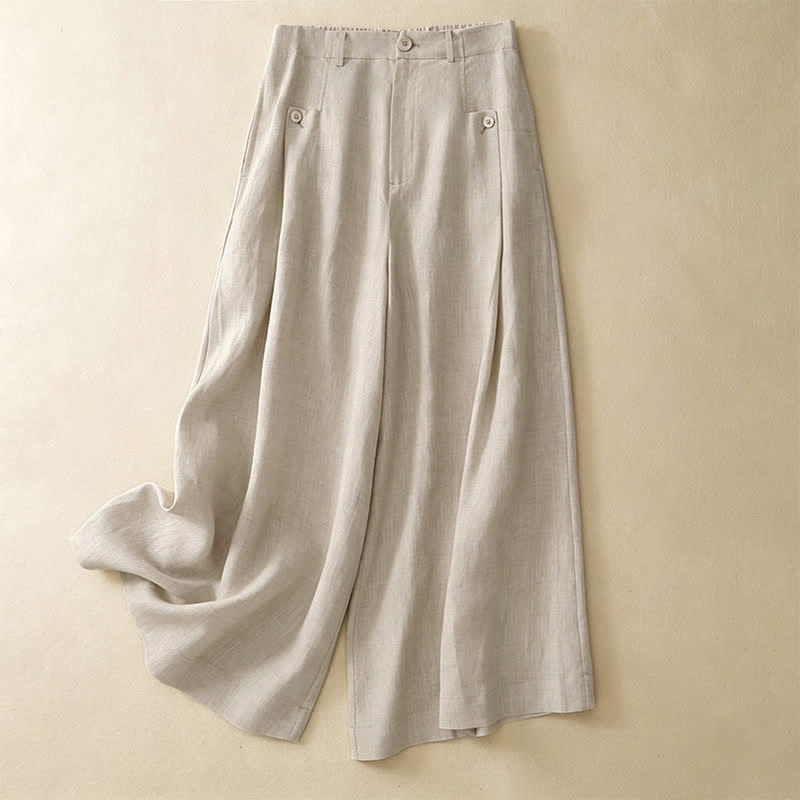 Buddha Stones Summer Casual Elegant Button-Up Solid Cotton Ramie Ankle Pants Women's Wide Leg Pants With Pocket - Beige - US8-10, UK/AU12-14, EU40-42 (2XL) - image 0