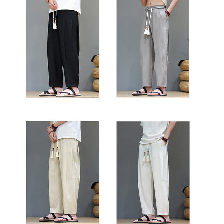 Buddha Stones Summer Casual Minimalist Drawstring Solid Ankle Pants Men's Straight Leg Pants With Pocket - image 35