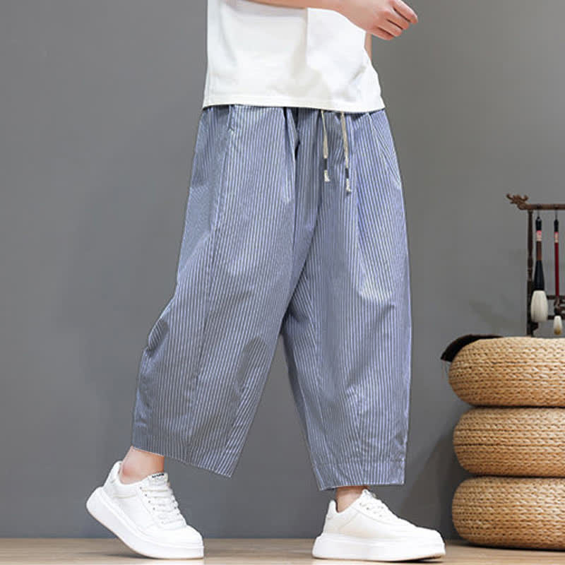 Buddha Stones Summer Casual Drawstring Striped Capri Pants Men's Harem Pants With Pocket - image 17