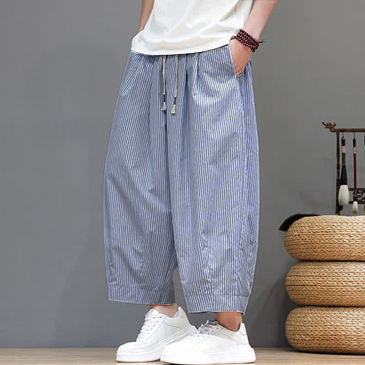 Buddha Stones Summer Casual Drawstring Striped Capri Pants Men's Harem Pants With Pocket - image 15