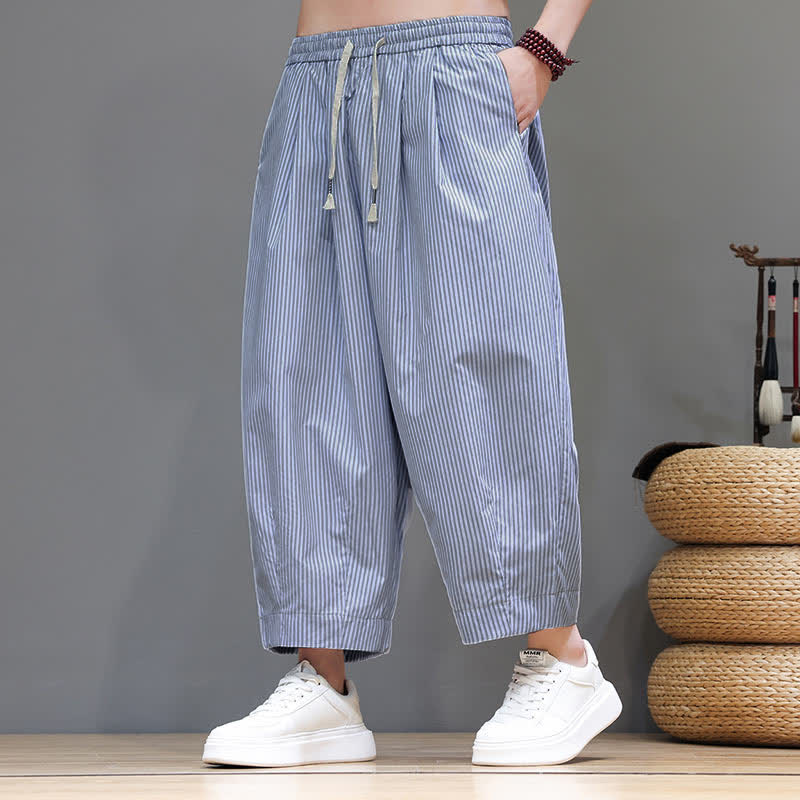 Buddha Stones Summer Casual Drawstring Striped Capri Pants Men's Harem Pants With Pocket - AliceBlue - US/UK/AU46, EU56 (5XL) - image 10