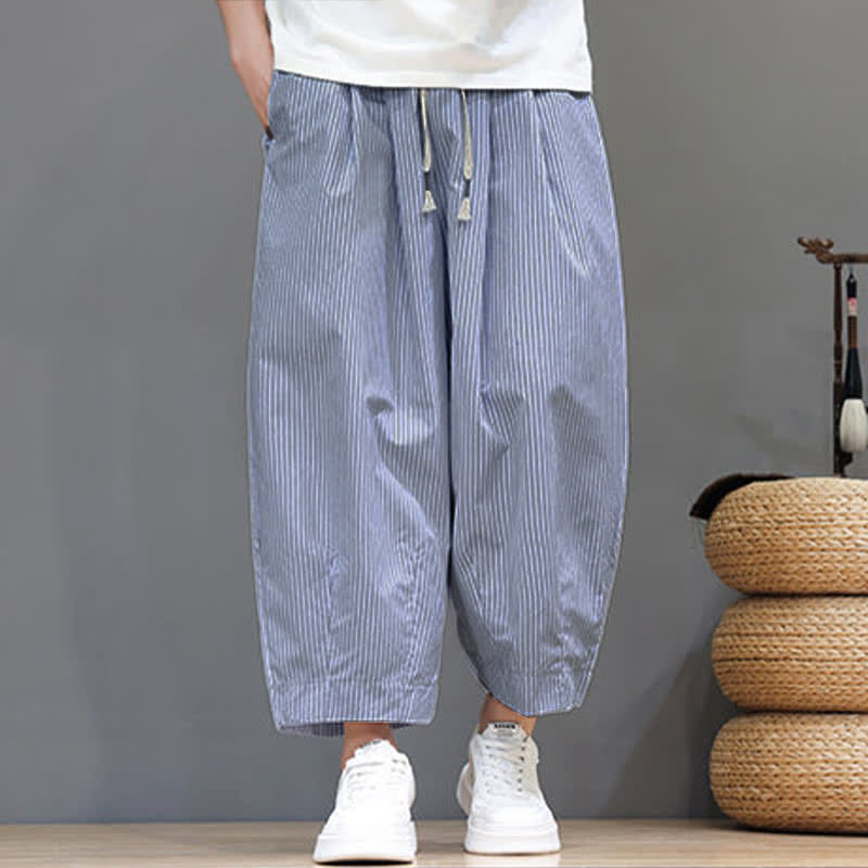 Buddha Stones Summer Casual Drawstring Striped Capri Pants Men's Harem Pants With Pocket - image 12