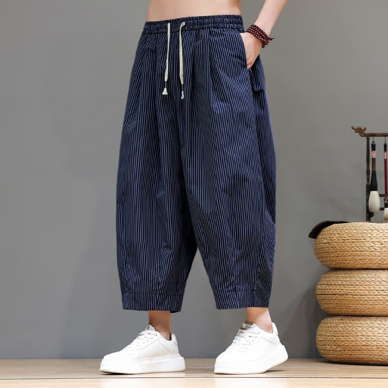 Buddha Stones Summer Casual Drawstring Striped Capri Pants Men's Harem Pants With Pocket - image 1
