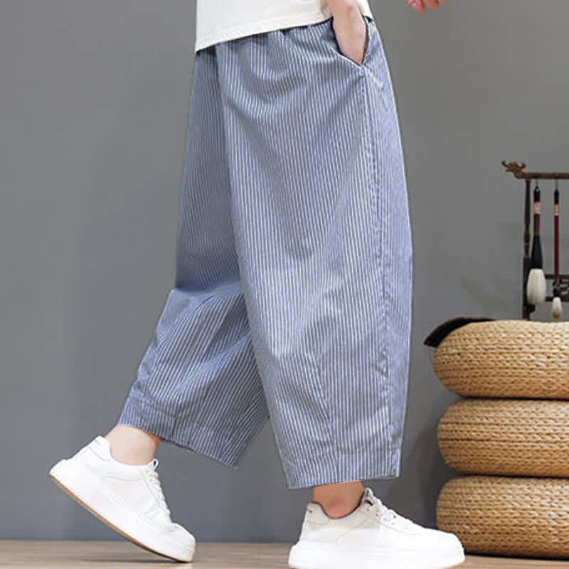 Buddha Stones Summer Casual Drawstring Striped Capri Pants Men's Harem Pants With Pocket - image 16