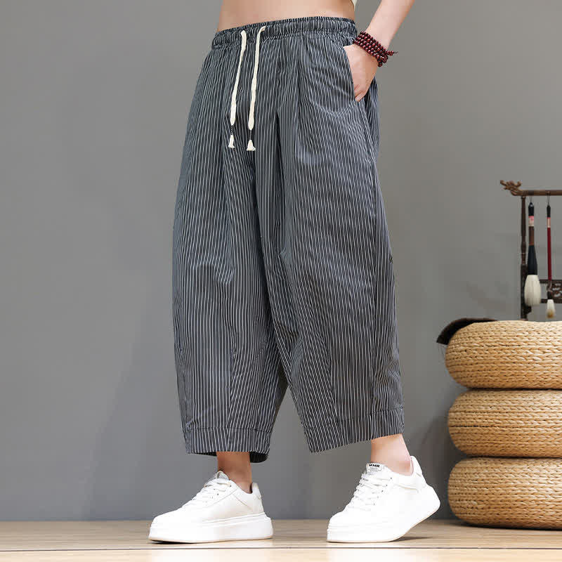 Buddha Stones Summer Casual Drawstring Striped Capri Pants Men's Harem Pants With Pocket - image 41