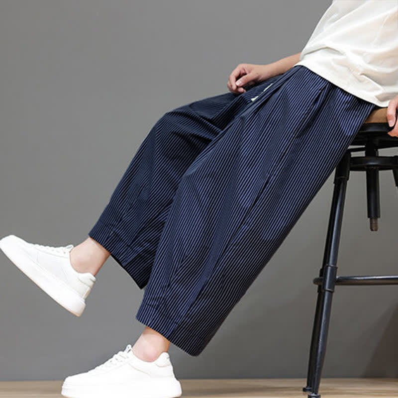 Buddha Stones Summer Casual Drawstring Striped Capri Pants Men's Harem Pants With Pocket - DarkSlateBlue - US/UK/AU46, EU56 (5XL) - image 0
