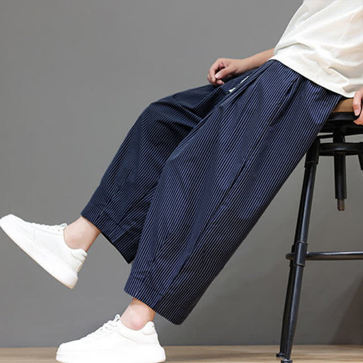 Buddha Stones Summer Casual Drawstring Striped Capri Pants Men's Harem Pants With Pocket - DarkSlateBlue - US/UK/AU46, EU56 (5XL) - image 0