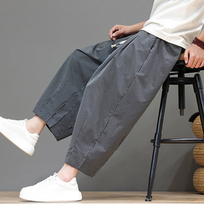 Buddha Stones Summer Casual Drawstring Striped Capri Pants Men's Harem Pants With Pocket - Gray - US/UK/AU46, EU56 (5XL) - image 33