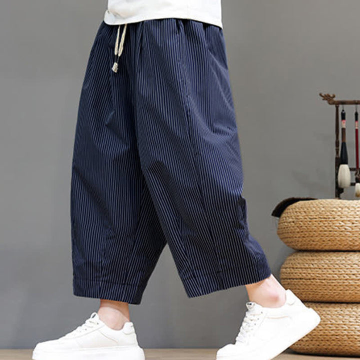 Buddha Stones Summer Casual Drawstring Striped Capri Pants Men's Harem Pants With Pocket - image 3