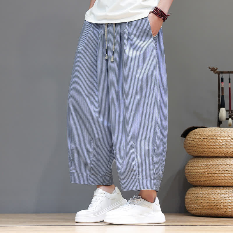 Buddha Stones Summer Casual Drawstring Striped Capri Pants Men's Harem Pants With Pocket - image 13