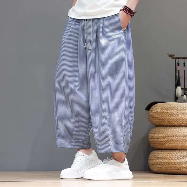 Buddha Stones Summer Casual Drawstring Striped Capri Pants Men's Harem Pants With Pocket - image 13