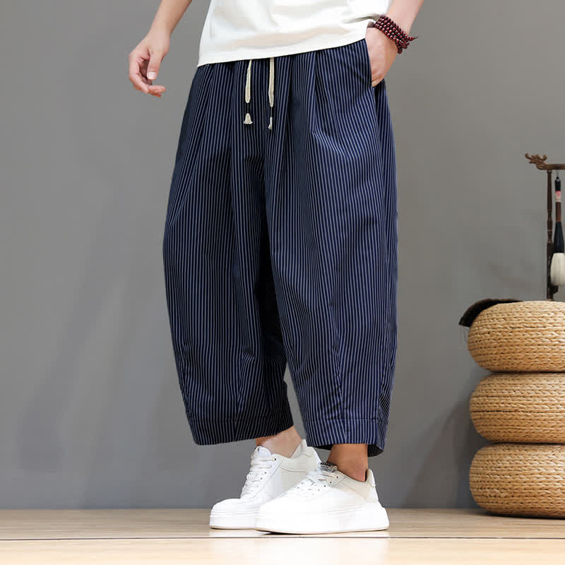 Buddha Stones Summer Casual Drawstring Striped Capri Pants Men's Harem Pants With Pocket - image 8