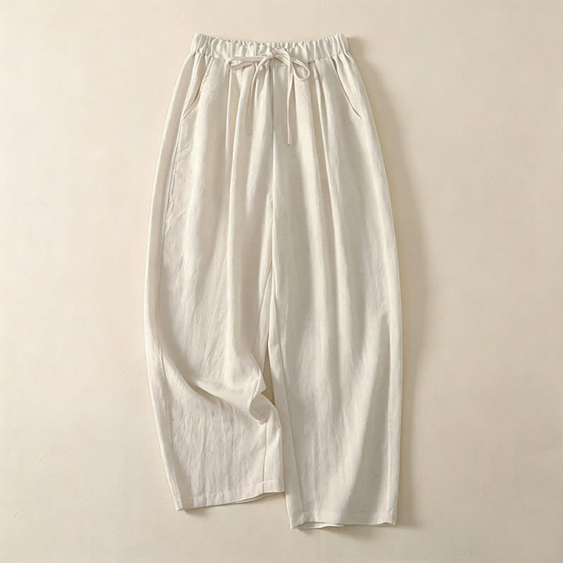 Buddha Stones Summer Casual Drawstring Solid Cropped Pants Women's Wide Leg Pants With Pocket - Beige - US12, UK/AU16, EU44 (3XL) - image 10