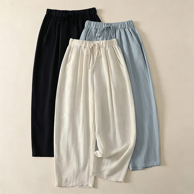 Buddha Stones Summer Casual Drawstring Solid Cropped Pants Women's Wide Leg Pants With Pocket - image 17