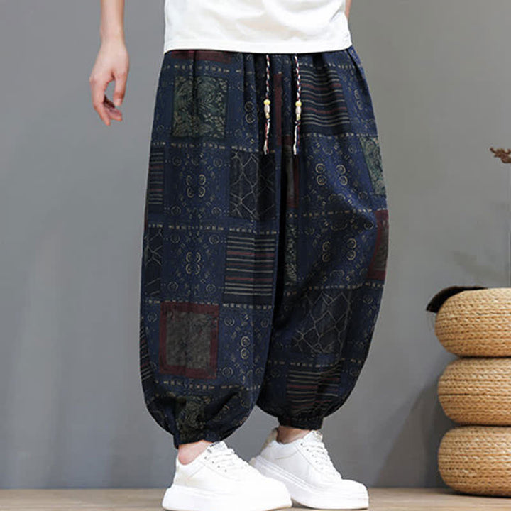 Buddha Stones Summer Boho Casual Drawstring Geometric Cropped Pants Men's Harem Pants With Pocket - image 1