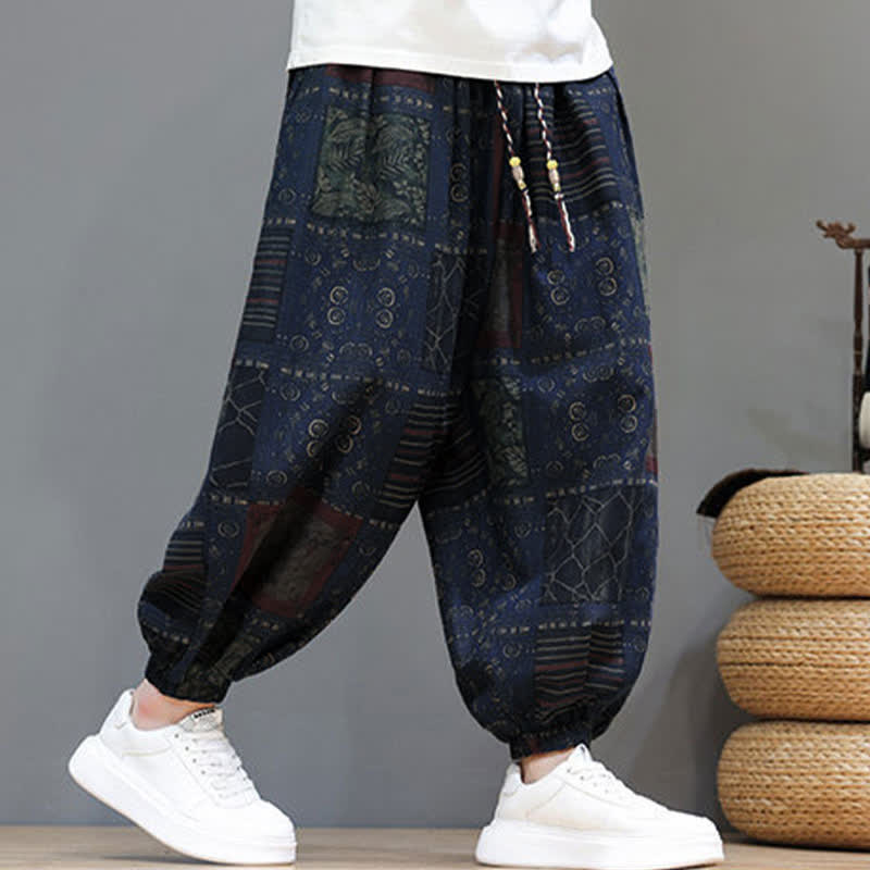Buddha Stones Summer Boho Casual Drawstring Geometric Cropped Pants Men's Harem Pants With Pocket - image 8