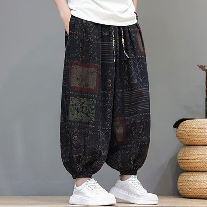 Buddha Stones Summer Boho Casual Drawstring Geometric Cropped Pants Men's Harem Pants With Pocket - image 43