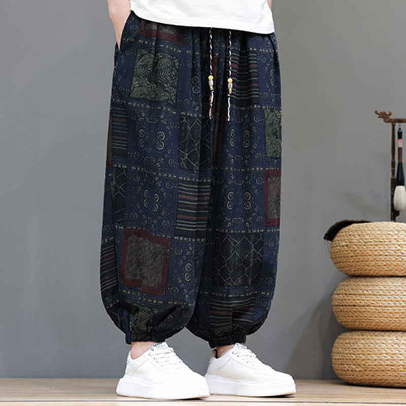 Buddha Stones Summer Boho Casual Drawstring Geometric Cropped Pants Men's Harem Pants With Pocket - image 3