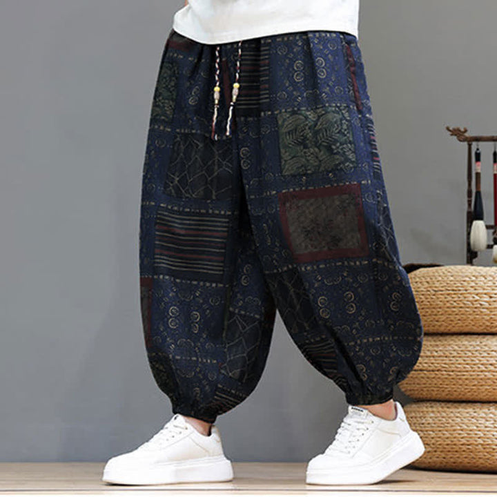 Buddha Stones Summer Boho Casual Drawstring Geometric Cropped Pants Men's Harem Pants With Pocket - MidnightBlue - US/UK/AU46, EU56 (5XL) - image 0