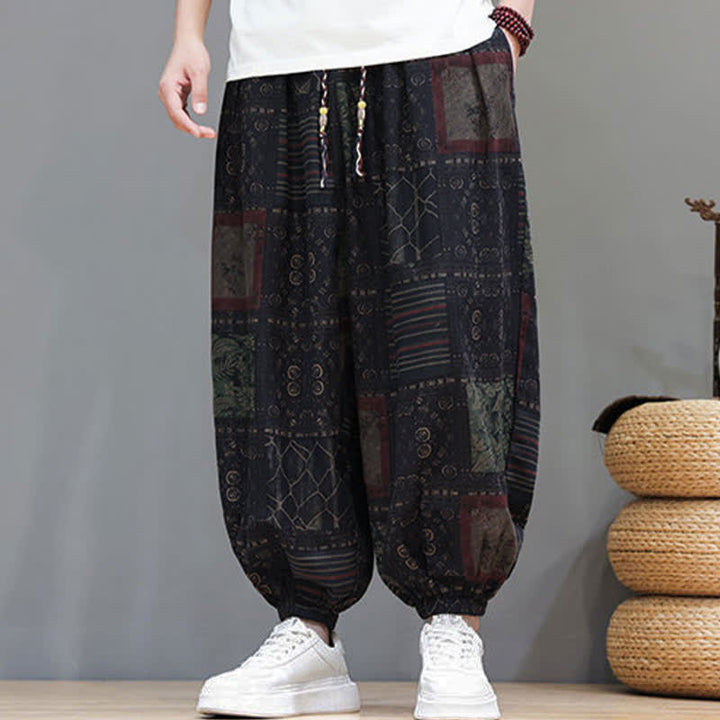 Buddha Stones Summer Boho Casual Drawstring Geometric Cropped Pants Men's Harem Pants With Pocket - image 44