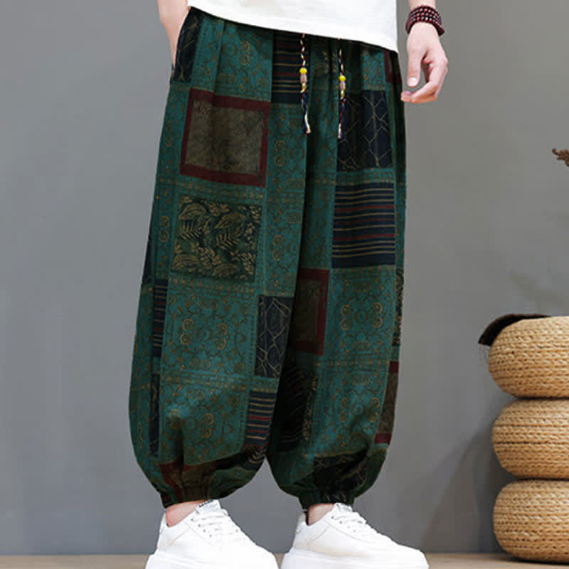 Buddha Stones Summer Boho Casual Drawstring Geometric Cropped Pants Men's Harem Pants With Pocket - image 22