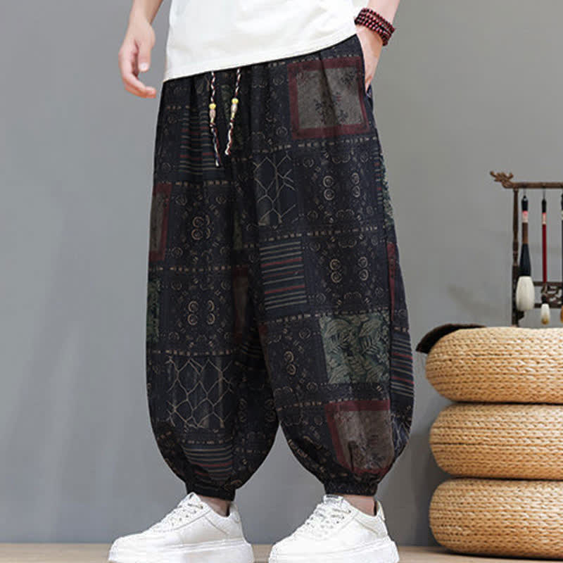 Buddha Stones Summer Boho Casual Drawstring Geometric Cropped Pants Men's Harem Pants With Pocket - image 50