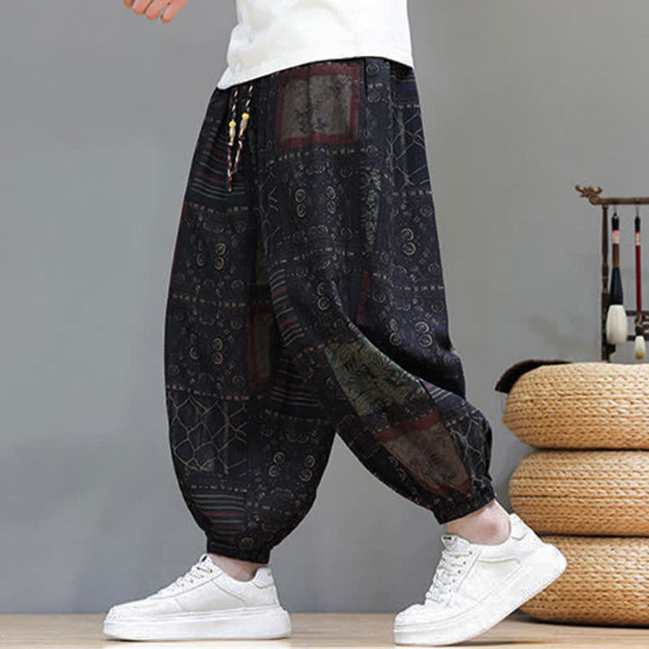 Buddha Stones Summer Boho Casual Drawstring Geometric Cropped Pants Men's Harem Pants With Pocket - Black - US/UK/AU46, EU56 (5XL) - image 41
