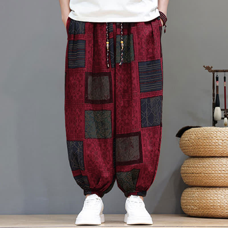 Buddha Stones Summer Boho Casual Drawstring Geometric Cropped Pants Men's Harem Pants With Pocket - image 36