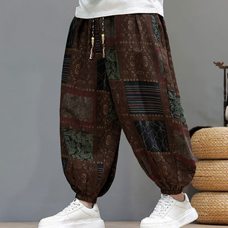 Buddha Stones Summer Boho Casual Drawstring Geometric Cropped Pants Men's Harem Pants With Pocket - Sienna - US/UK/AU46, EU56 (5XL) - image 9