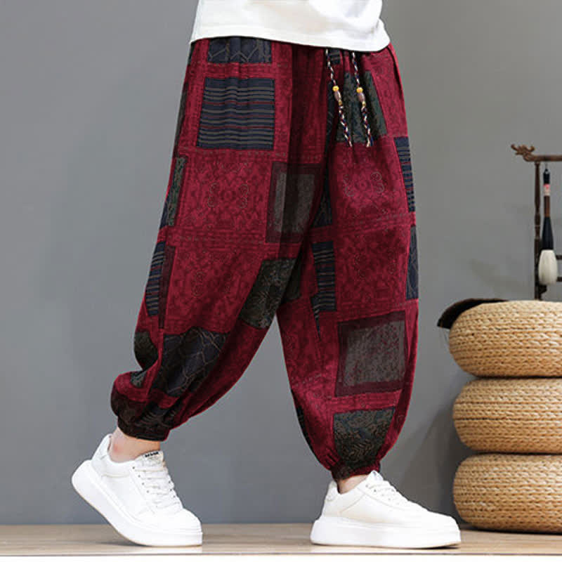 Buddha Stones Summer Boho Casual Drawstring Geometric Cropped Pants Men's Harem Pants With Pocket - image 35