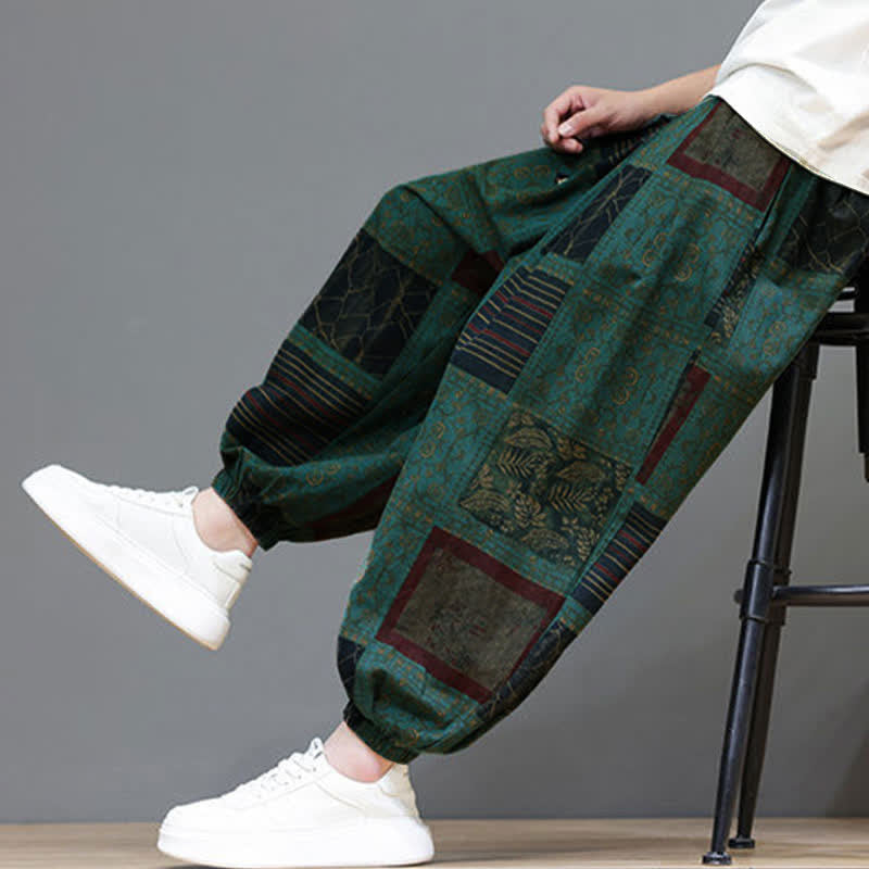 Buddha Stones Summer Boho Casual Drawstring Geometric Cropped Pants Men's Harem Pants With Pocket - image 25