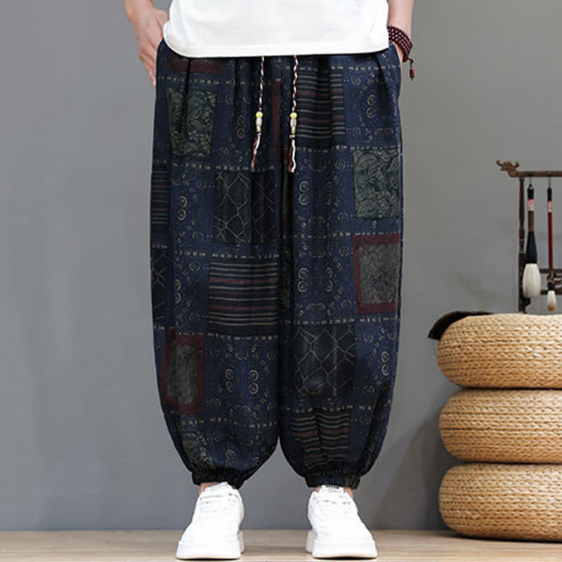 Buddha Stones Summer Boho Casual Drawstring Geometric Cropped Pants Men's Harem Pants With Pocket - image 45