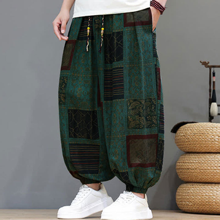 Buddha Stones Summer Boho Casual Drawstring Geometric Cropped Pants Men's Harem Pants With Pocket - image 26