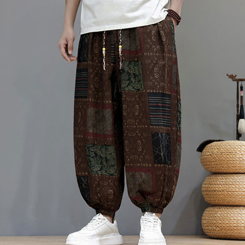 Buddha Stones Summer Boho Casual Drawstring Geometric Cropped Pants Men's Harem Pants With Pocket - image 12