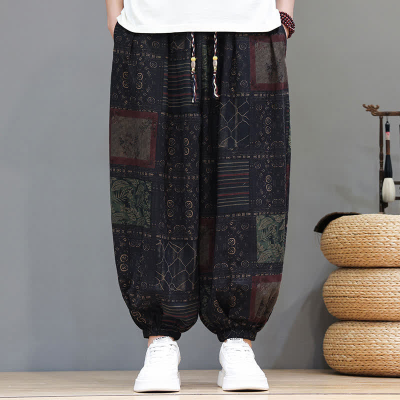 Buddha Stones Summer Boho Casual Drawstring Geometric Cropped Pants Men's Harem Pants With Pocket - image 48