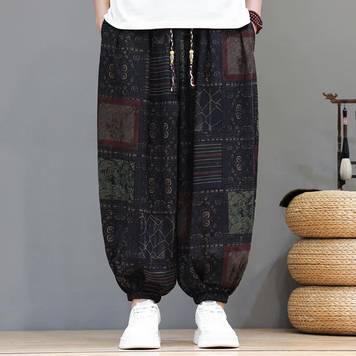 Buddha Stones Summer Boho Casual Drawstring Geometric Cropped Pants Men's Harem Pants With Pocket - image 48