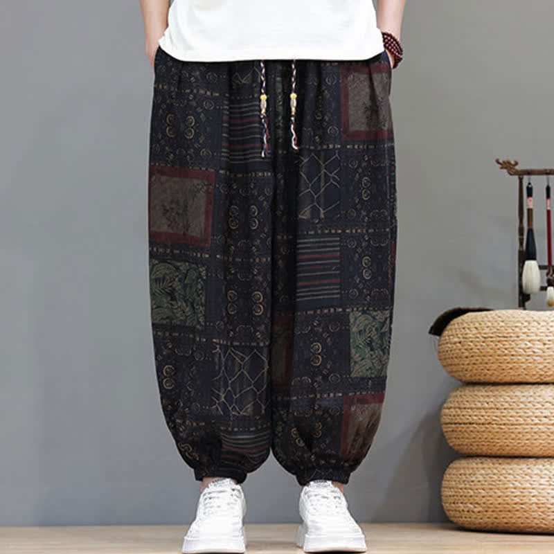 Buddha Stones Summer Boho Casual Drawstring Geometric Cropped Pants Men's Harem Pants With Pocket - image 49