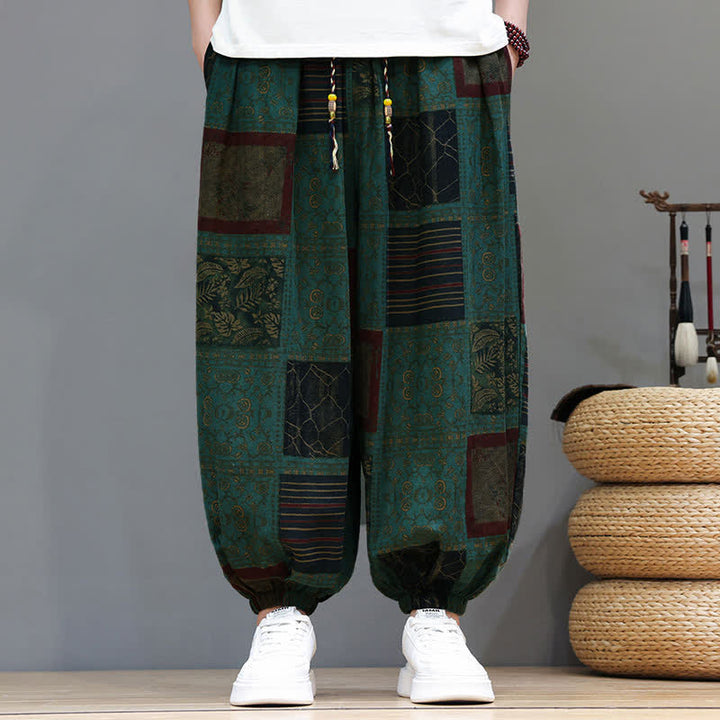 Buddha Stones Summer Boho Casual Drawstring Geometric Cropped Pants Men's Harem Pants With Pocket - image 20