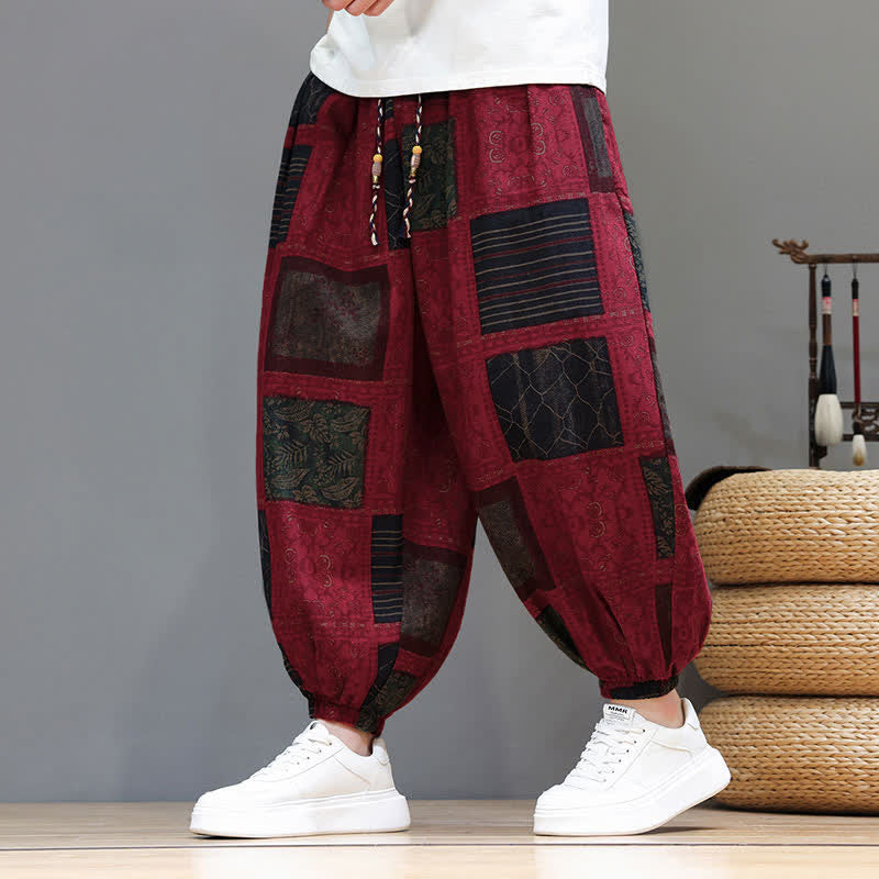 Buddha Stones Summer Boho Casual Drawstring Geometric Cropped Pants Men's Harem Pants With Pocket - FireBrick - US/UK/AU46, EU56 (5XL) - image 31