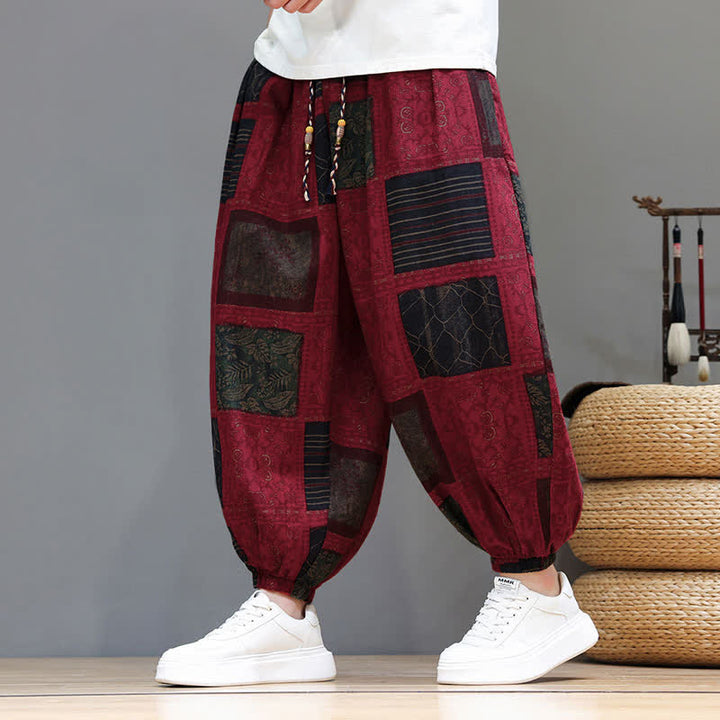Buddha Stones Summer Boho Casual Drawstring Geometric Cropped Pants Men's Harem Pants With Pocket - FireBrick - US/UK/AU46, EU56 (5XL) - image 31