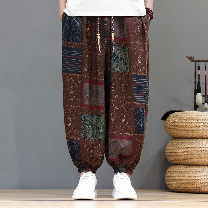 Buddha Stones Summer Boho Casual Drawstring Geometric Cropped Pants Men's Harem Pants With Pocket - image 10