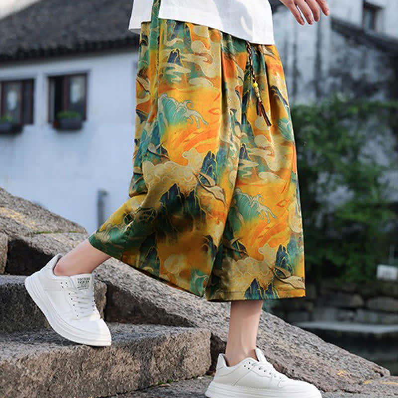 Buddha Stones Summer Vintage Casual Drawstring Crane Print Men's Cropped Pants With Pocket - image 11