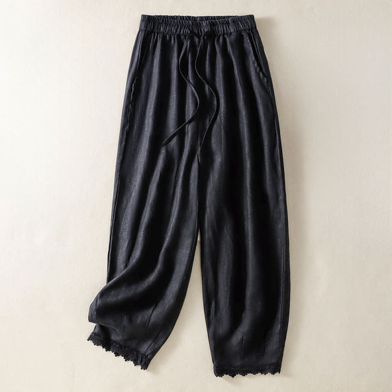 Buddha Stones Summer Casual Boho Drawstring Solid Cropped Pants Ramie Women's Harem Pants With Pockets - Black - US8-10, UK/AU12-14, EU40-42 (2XL) - image 12